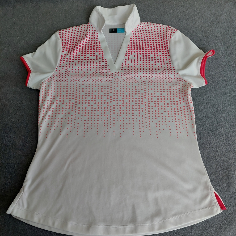 PGA Tour Pink Polka Dot V-Neck Golf Polo Shirt Size Medium